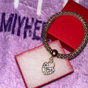 Gold-Tone Stretch Bracelet with Rhinestone Heart Charm in red gift box
